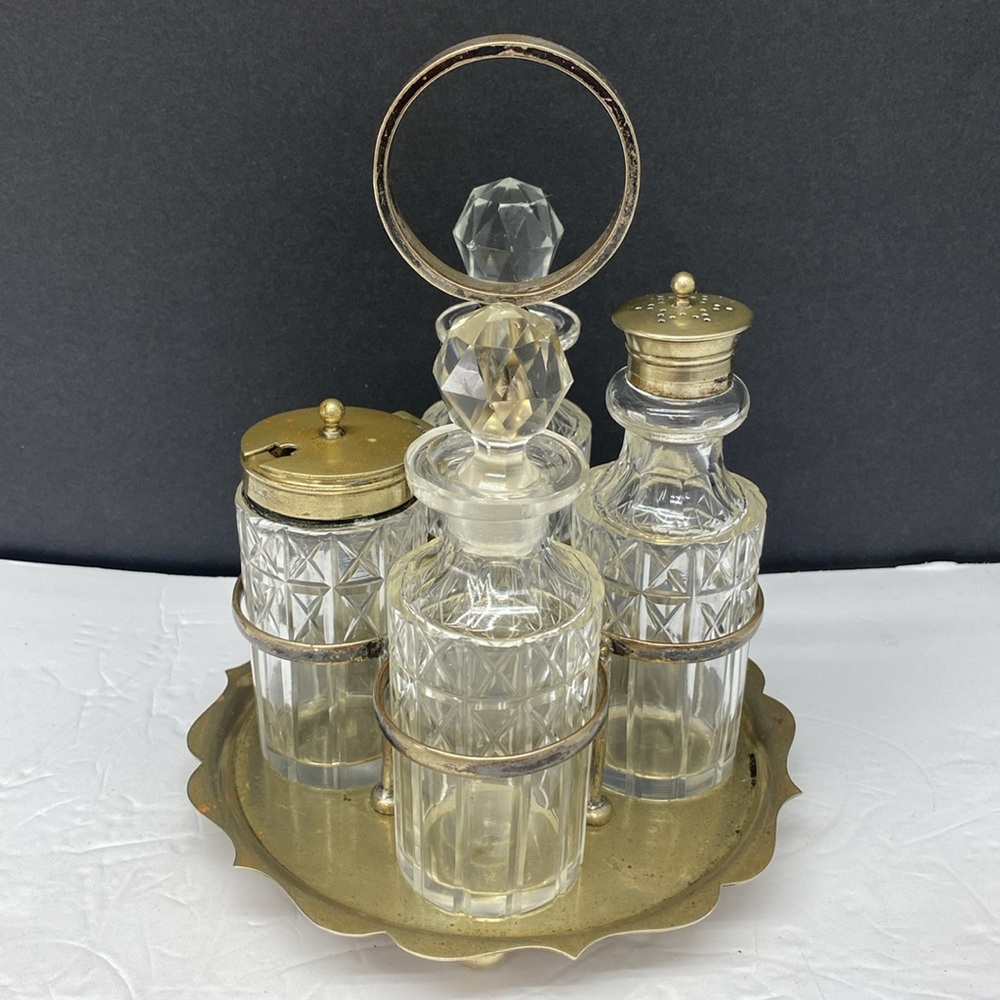 Silver Plate Set Condiment Tray Four Cruet Bottles